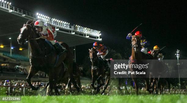Handsome Thief ridden by Brad Rawiller wins the ADAPT Australia Handicap at Moonee Valley Racecourse on March 24, 2017 in Moonee Ponds, Australia.