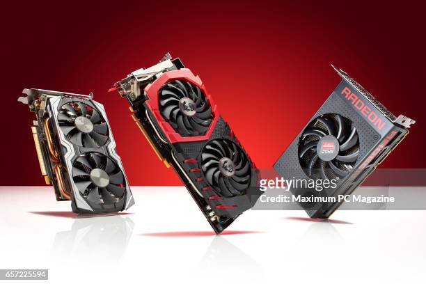 Group of PC graphics cards, including a Zotac GeForce GTX 1060 AMP Edition, MSI Radeon RX 470 Gaming X 8G and an AMD Radeon RX 480 8GB, taken on July...