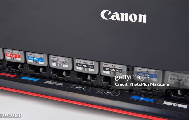 Detail of the ink cartridges in a Canon ProGraf Pro-1000 inkjet printer, taken on February 17, 2016.