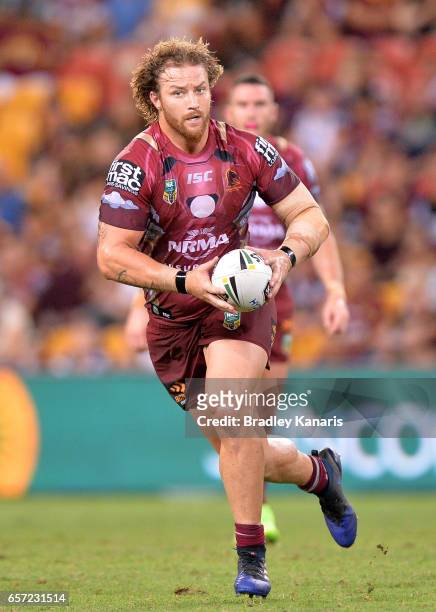 Korbin Sims of the Broncos runs with the ball during the round four NRL match between the Brisbane Broncos and the Canberra Raiders at Suncorp...