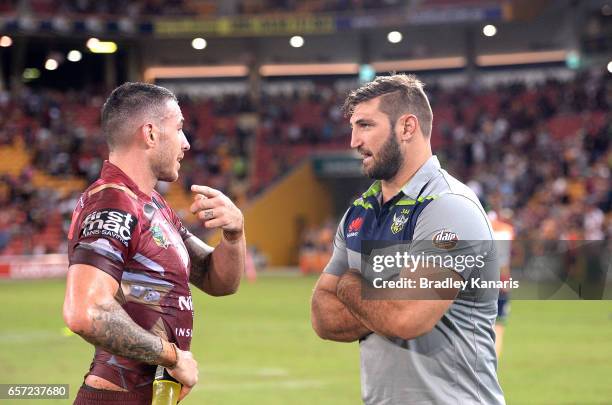 Darius Boyd of the Broncos and David Taylor of the Raiders chat after the round four NRL match between the Brisbane Broncos and the Canberra Raiders...