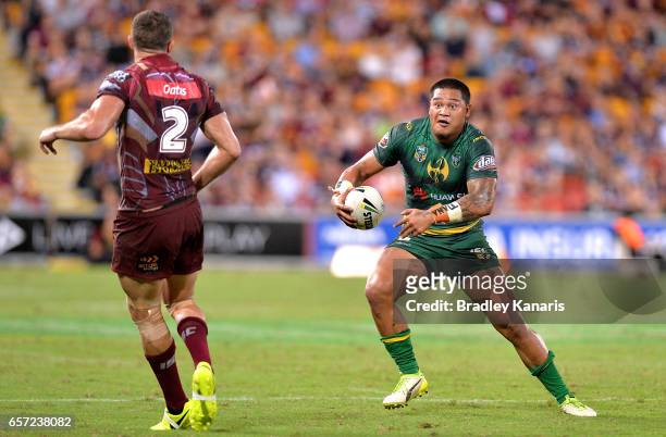 Joseph Leila of the Raiders looks to take on the defence during the round four NRL match between the Brisbane Broncos and the Canberra Raiders at...