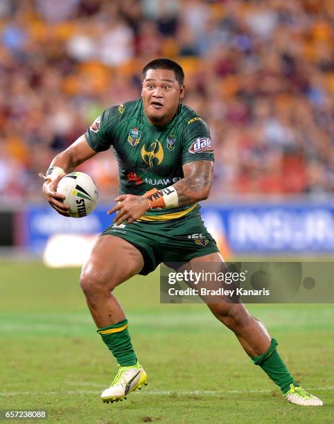 Joseph Leila of the Raiders looks to take on the defence during the round four NRL match between the Brisbane Broncos and the Canberra Raiders at...