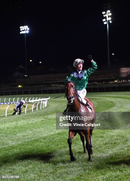 Katelyn Mallyon riding Silent Sedition after winning Race 7, William Reid Stakes during Melbourne Racing at Mooney Valley Racecourse on March 24,...