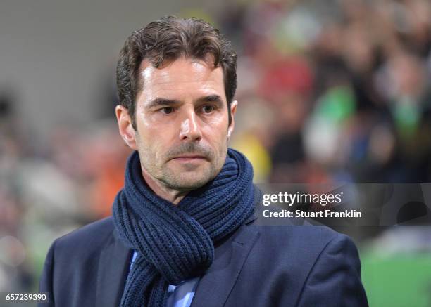 Ralf Kellermann, head coach of Wolfsburg looks on during the UEFA Women's Champions League Quater Final first leg match between VfL Wolfsburg and...