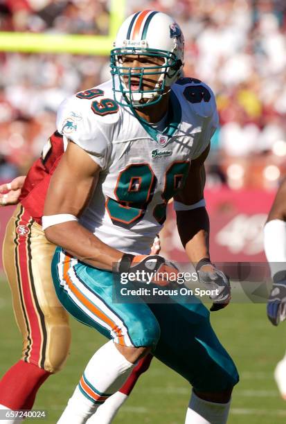 Jason Taylor of the Miami Dolphins in action against the San Francisco 49ers during an NFL football game November 28, 2004 at Candlestick Park in San...