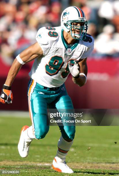 Jason Taylor of the Miami Dolphins in action against the San Francisco 49ers during an NFL football game November 28, 2004 at Candlestick Park in San...