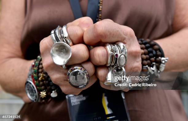 Guest, ring and bracelet detail, attends Fashion Forward March 2017 held at the Dubai Design District on March 24, 2017 in Dubai, United Arab...
