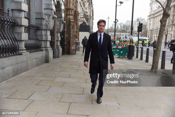 Former Labour leader Ed Miliband walks along Whitehall on March 23, 2017 in London, England. Four people have been killed and around 40 people...