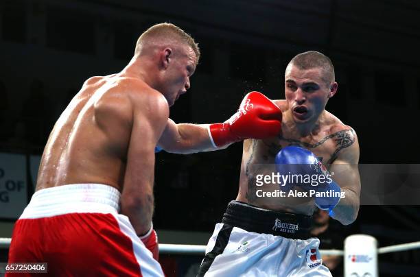 Callum French of British Lionhearts fights Michael Magnesi of Italia Thunder during the World Series of Boxing at York Hall on March 23, 2017 in...