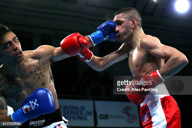Muhammad Ali of British Lionhearts fights Manuel Cappai of Italia Thunder during the World Series of Boxing at York Hall on March 23, 2017 in London,...