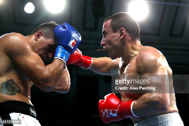 Radoslav Pantaleev of British Lionhearts fights Gianluca Rosciglione of Italia Thunder during the World Series of Boxing at York Hall on March 23,...