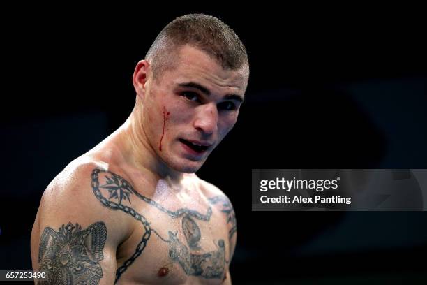 Michael Magnesi of Italia Thunder looks on during his fight against Callum French of British Lionhearts during the World Series of Boxing at York...