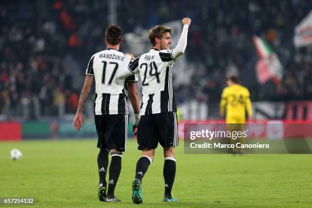 Daniele Rugani of Juventus celebrates a goal during the UEFA Champions League Group H match between Juventus and GNK Dinamo Zagreb. Juventus FC won...