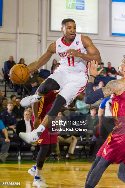 Demetrius Jackson of the Maine Red Claws drives to the basket and passes the ball against the Canton Charge on March 23, 2017 at the Portland Expo in...