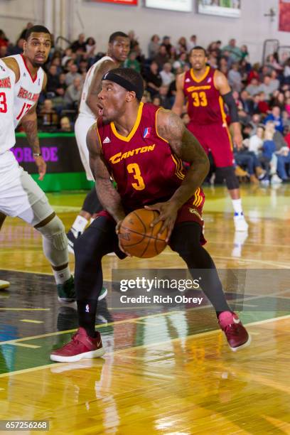 Kay Felder of the Canton Charge dribbles the ball against the Maine Red Claws on March 23, 2017 at the Portland Expo in Portland, Maine. NOTE TO...