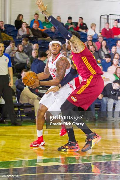 Marcus Georges-Hunt of the Maine Red Claws looks to pass the ball against the Canton Charge on March 23, 2017 at the Portland Expo in Portland,...