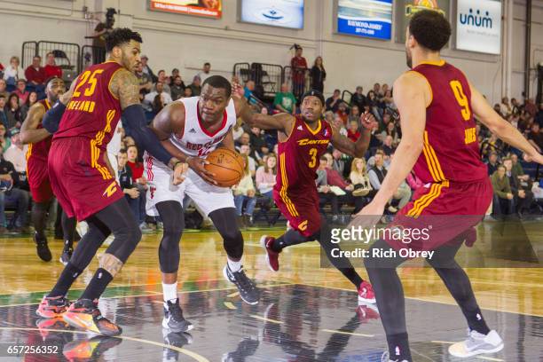Jalen Jones of the Maine Red Claws drives to the basket against the Canton Charge on March 23, 2017 at the Portland Expo in Portland, Maine. NOTE TO...