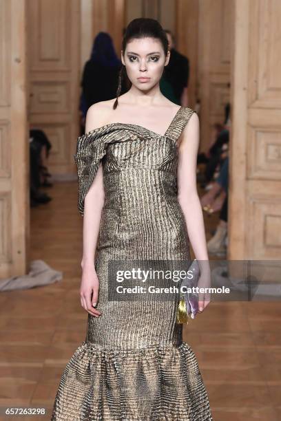 Model walks the runway at the Cigdem Akin show during Mercedes-Benz Istanbul Fashion Week March 2017 at Grand Pera on March 24, 2017 in Istanbul,...