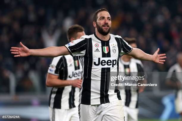 Gonzalo Higuain celebrates after scoring his goal during the Serie A match between Juventus FC and US Palermo at Juventus Stadium Juventus FC wins...