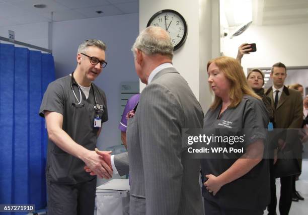 Prince Charles, Prince of Wales meets paramedics and support staff who assisted those injured in the terrorist incident in Westminster at King's...