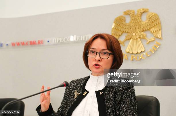 Elvira Nabiullina, Russia's central bank governor, gestures as she speaks during a news conference to announce interest rates in Moscow, Russia, on...