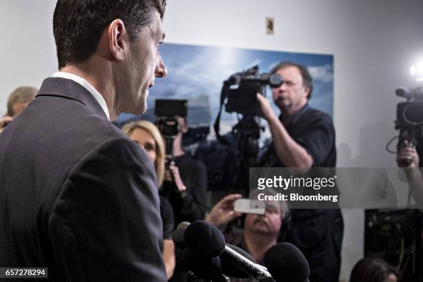 House Speaker Paul Ryan, a Republican from Wisconsin, speaks to members of the media after a House Republican meeting at the U.S. Capitol in...