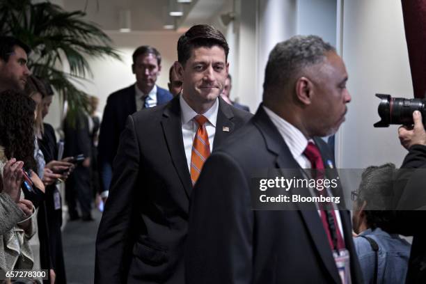 House Speaker Paul Ryan, a Republican from Wisconsin, walks away from a House Republican meeting at the U.S. Capitol in Washington, D.C., U.S., on...