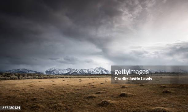 open field shows evidence of geothermal activity, snow-capped mountains in distance, stormy sky - panorama usa stock-fotos und bilder