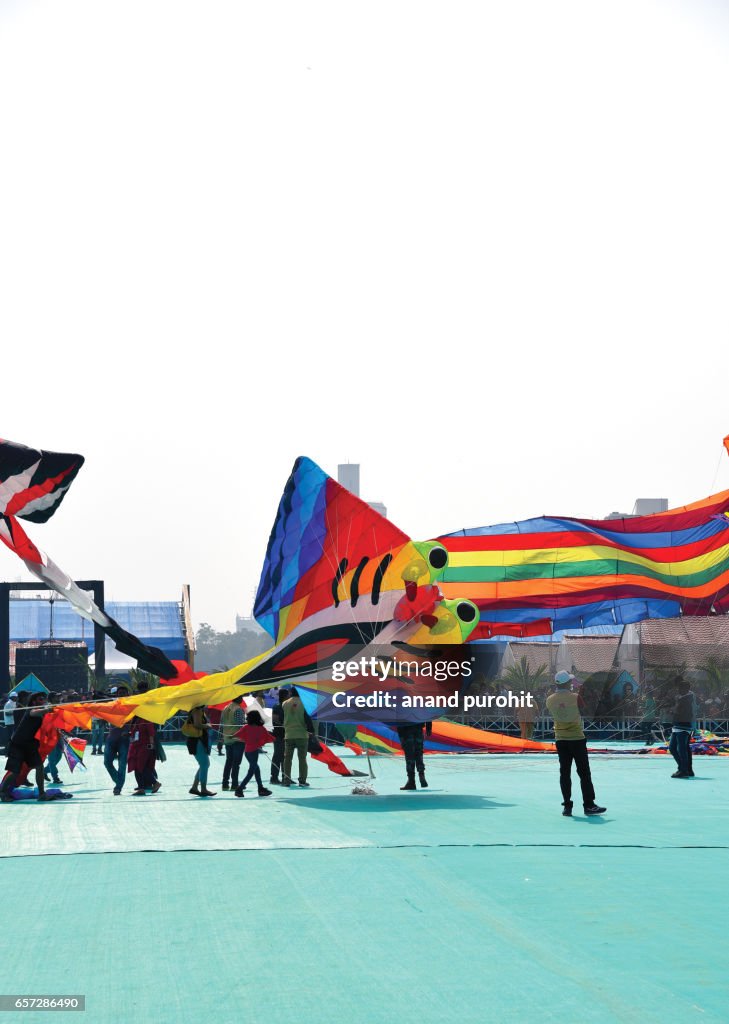 Ahmedabad, India – January  08, 2017: International Kite Festival, Sabarmati Riverfront. Kite flyers from all over the world came to participate & displays the kites and kite-flying skills on sabarmati riverfront every year in January.