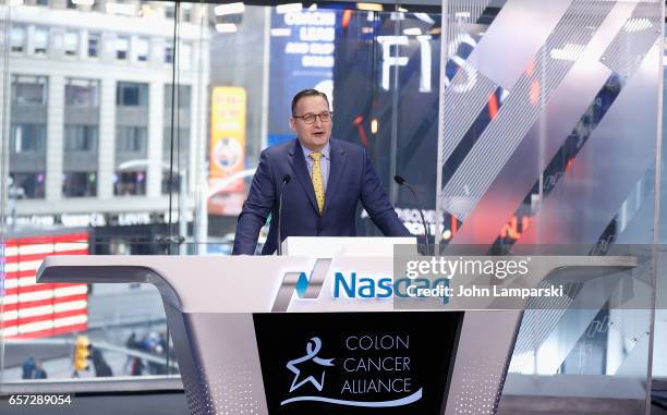 Vice President of NASDAQ, Joseph Brantuk along with the Colon Cancer Alliance ring the Nasdaq Stock Market opening bell at NASDAQ MarketSite on March...