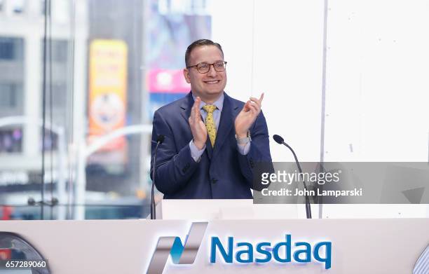 Vice President of NASDAQ, Joseph Brantuk along with the Colon Cancer Alliance ring the Nasdaq Stock Market opening bell at NASDAQ MarketSite on March...