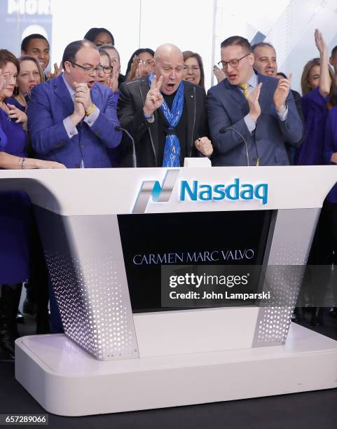 Michael Sapienza, Carmen Marc Valvo, fashion designer, Vice President of NASDAQ, Joseph Brantuk along with the Colon Cancer Alliance ring the Nasdaq...