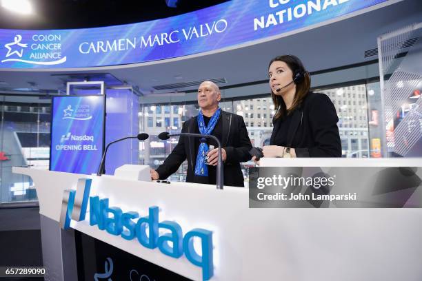 Carmen Marc Valvo, fashion designer along with the Colon Cancer Alliance ring the Nasdaq Stock Market opening bell at NASDAQ MarketSite on March 24,...