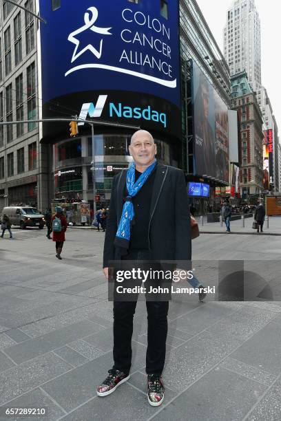 Carmen Marc Valvo, fashion designer along with the Colon Cancer Alliance ring the Nasdaq Stock Market opening bell at NASDAQ MarketSite on March 24,...