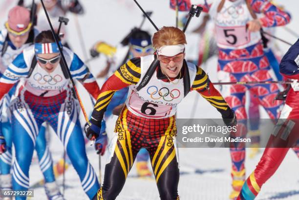 Ursula Disl of Germany skis in the first leg of the Women's 4 x 7.5 kilometer Relay event of the Biathlon competition of the 1998 Winter Olympic...