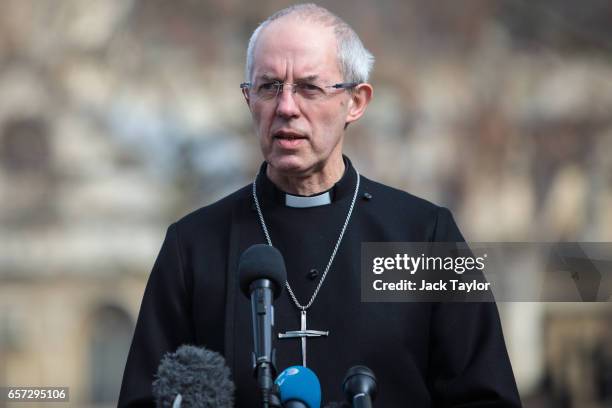 Archbishop of Canterbury, the Most Rev Justin Welby speaks at a vigil outside Westminster Abbey on March 24, 2017 in London, England. Faith leaders...