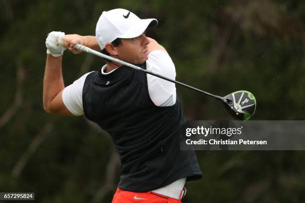 Rory McIlroy of Northern Ireland tees off on the 2nd hole of his match during round three of the World Golf Championships-Dell Technologies Match...