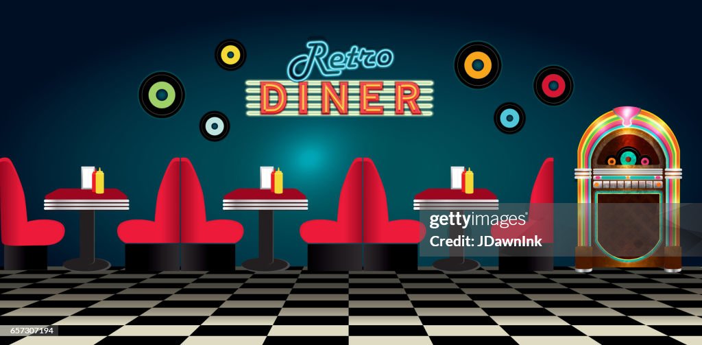 Retro diner restaurant panorama with booths signs and jukebox