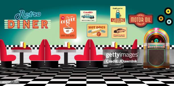 illustrations, cliparts, dessins animés et icônes de panorama restaurant diner rétro présentant des signes de kiosques et librairie - snack bar