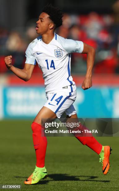 Chris Willock of England celebrates after scoring his team's third goal during the UEFA U19 International Qualifier match between Spain and England...