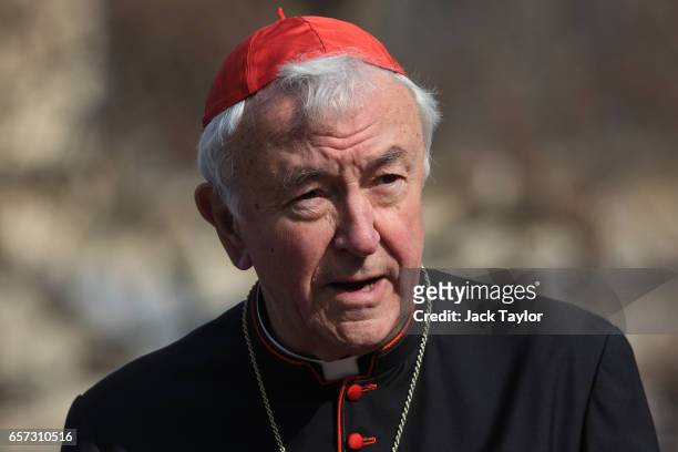 Cardinal Vincent Nichols, Archbishop of Westminster speaks at a vigil outside Westminster Abbey on March 24, 2017 in London, England. Faith leaders...