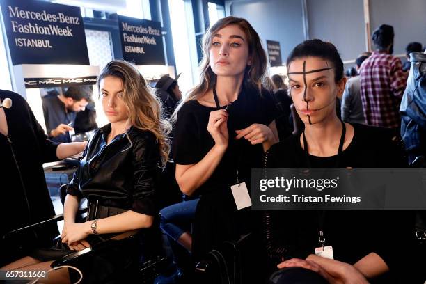 Models backstage ahead of the Murat Aytulum show during Mercedes-Benz Istanbul Fashion Week March 2017 at Grand Pera on March 24, 2017 in Istanbul,...