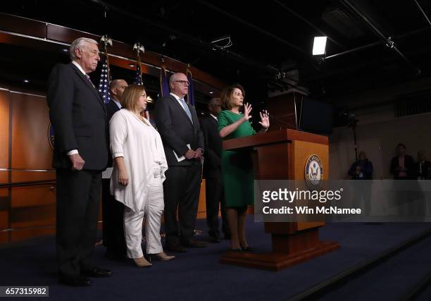 House Minority Leader Nancy Pelosi answers questions at a press conference where House Democratic leaders responded to Republican efforts to repeal...