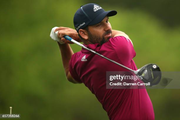 Sergio Garcia of Spain tees off on the 3rd hole of his match during round three of the World Golf Championships-Dell Technologies Match Play at the...