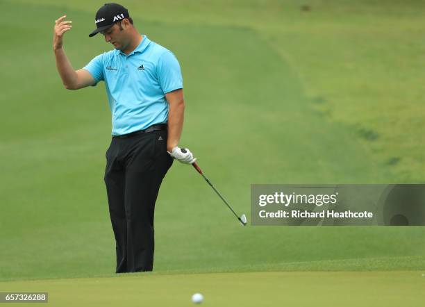 Jon Rahm of Spain reacts after missing a shot on the 6th hole of his match during round three of the World Golf Championships-Dell Technologies Match...