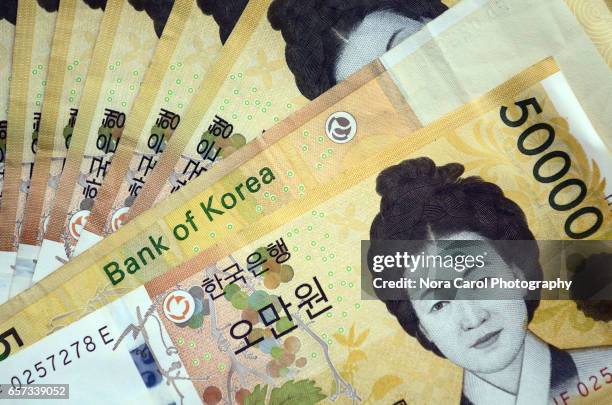 full frame and high angle view of 50000 korean won - 韓国の通貨 ストックフォトと画像
