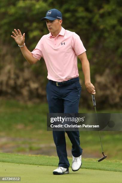 Jordan Spieth reacts after putting on the 3rd hole of his match during round three of the World Golf Championships-Dell Technologies Match Play at...