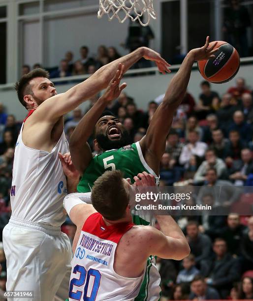 Keith Langford, #5 of Unics Kazan competes with Joel Freeland, #19 of CSKA Moscow during the 2016/2017 Turkish Airlines EuroLeague Regular Season...