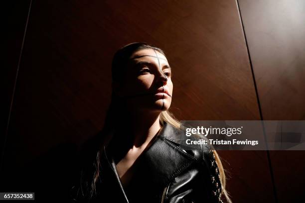 Model backstage ahead of the Murat Aytulum show during Mercedes-Benz Istanbul Fashion Week March 2017 at Grand Pera on March 24, 2017 in Istanbul,...